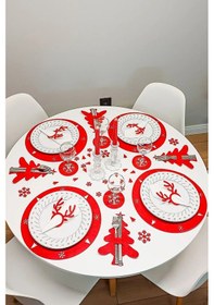 Resim Yılbaşı Temalı Supla Seti 4 Kişilik Kırmızı Keçe, 3mm, Bardak Altlığı Ve Peçetelikli Kırmızı 