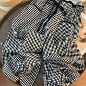 Resim Kadınların Yüksek Bel Siyah ve Beyaz Ekose Düz Bacaklı Pantolonları Cebi ile - Zarif Dar Kesim Tasarımı, Bağcıklı Bel, Makinede Yıkanabilir, Rahat veya Şık Kıyafetler için Mükemmel, Rahat Şık Pantolonlar | Şık Cep Detayı | Kumaş 