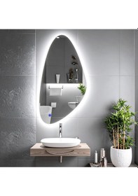 Resim Alvora Beyaz Led'li Lazer Kumlamalı Lavabo & Banyo Aynası Dokunmatik Sensörlü 45 X 90 Cm 