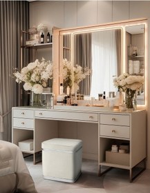 Resim Zengo Silver Twin Line Kare Puf -beyaz Kumaş, Dekoratif Makyaj Masası Pufu-modern Style 