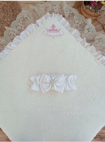 Resim Yenidoğan Wool Yün Kumaş Taç Nakışlı Güpür Duvaklı Fiyonk Prizma Taş Unisex Kundak Bebek Battaniyesi Pembe 