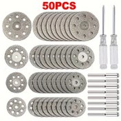 Resim 50'li Elmas Kesme Diski Seti, 3Mm Bağlantı Çubuklarına Sahip Mini Dairesel Testere Bıçakları, Ahşap, Mermer, Seramik, Reçine, Metal, Taş ve DIY El Sanatları Alet Aksesuarları İçin Uygun Dayanıklı 8 Delikli Desenle Tasarlanmıştır. 
