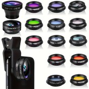 Resim Yeni 15'li Mobil Telefon Lens Kiti, iPhone ve Android Akıllı Telefonlar için Uygun 15 Özel Efekt Fonksiyonu ile Evrensel Telefon Klipsi + Geniş Açı Lensi + Balık Gözü Lensi + Yıldız Işığı Aynası + CPL + 30K / 60K Büyütücü + Radyal Filtre Kırmızı + Mavi + Pembe + Mor + Sarı + Turuncu + Yeşil filtre 