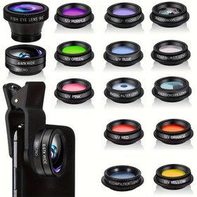 Resim Yeni 15'li Mobil Telefon Lens Kiti, iPhone ve Android Akıllı Telefonlar için Uygun 15 Özel Efekt Fonksiyonu ile Evrensel Telefon Klipsi + Geniş Açı Lensi + Balık Gözü Lensi + Yıldız Işığı Aynası + CPL + 30K / 60K Büyütücü + Radyal Filtre Kırmızı + Mavi + Pembe + Mor + Sarı + Turuncu + Yeşil filtre 