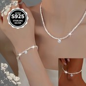 Resim 3 Parça Lüks 925 Ayar Gümüş Işıltılı Sentetik Zirkonya Kolye, Bilezik & Halhal Seti - Parıldayan Hindistan Cevizi Kar Tanesi Zincirli Kolye ve Bilezik Kombini, Parti Aksesuarları, Sevgililer Günü ve Anneler Günü için Mükemmel Hediye, Her Mevsim Takısı 