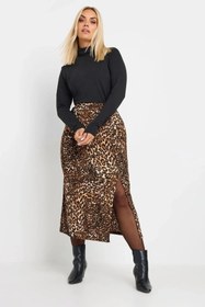 Resim Büyük Beden Beli Lastikli Yırtmaçlı Leopar Desenli Midi Boy Etek 303706 - 48 / Leopar 
