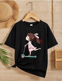 Resim Kız Çocuk Bisiklet Yaka Baskılı T-shirt - Siyah - Çok Renkli 