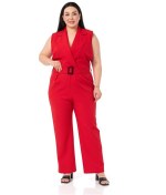 Resim Büyük Beden Kruvaze Beli Lastikli Fermuar Kapamalı Kemerli Kırmızı Tulum-kırmızı Kırmızı 