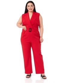 Resim Büyük Beden Kruvaze Beli Lastikli Fermuar Kapamalı Kemerli Kırmızı Tulum-kırmızı Kırmızı 