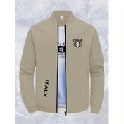Resim Erkekler İçin Bej İtalyan Ceketi - Fermuarlı Beyzbol Yaka, İtalya Grafikli, Makinede Yıkanabilir Polyester Kaban, İş, Seyahat ve Resmi Etkinlikler İçin - Şık Profesyonel Dış Giyim, Ofis Kullanımı, Fonksiyonel Cepli, Yüksek Kalite Dikiş, Zarif Tasarım 