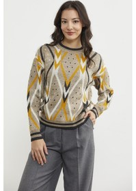 Resim Renkli Baklava Desenli Yünlü Triko Kazak - Bej 001 
