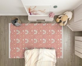 Resim Pembe Figürlü Modern Geometrik Etnik Eskitme Desenli Boho Makinada Yıkanabilir Hafif Hav Toz Vermez Leke Tutmaz Kaymaz Taban Dijital Makine Baskı Halı Oturma Odası Salon Yolluk Koridor Mutfak Halısı 