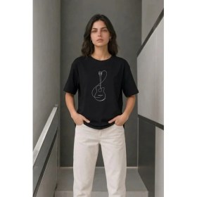 Resim Çamaşır Kenti Minimal Gitar Baskılı Tişört Tshirt Yazlık Kısa Kol Bisiklet Yaka Tshirt 