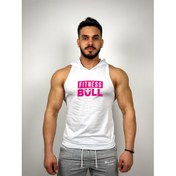 Resim Beyaz Erkek Regular Fit -Pink Fitness Bull- Baskılı Kapüşonlu Kolsuz Sporcu Hoodie 