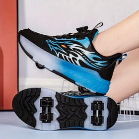 Resim Erkek Çocuklar için 4 Tekerlekli Paten - Şık Düşük Tabanlı Spor Ayakkabı, Dönen Toka Kapatma, Siyah ve Mavi Detaylar, Tüm Mevsimler İçin Dayanıklı TPR Taban, Gençler ve Gençler İçin Mükemmel, Paten Ayakkabıları, Tüm Mevsimler Ayakkabıları, Kumaş Üst, Tpr Taban 