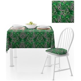 Resim Yaprak Desenli Zigzag Zemin Yeşil Yapraklı Siyah Dijital Baskılı Petek Dokuma Masa Örtüsü 140x260 