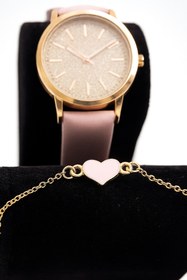 Resim Bittox Kadın Deri Kordonlu Saat ve Kalpli Altın Renk Bileklik Seti 