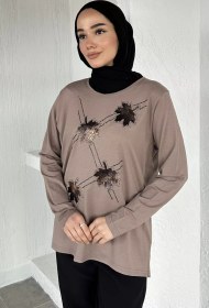 Resim Taşlı Tesettür Anne Penye Bluz Vizon TZL-P-00021462 