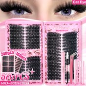 Resim 576/240/160 Adet Wispy Kirpik Kümeleri, Cat Eye Doğal DIY Kirpikler, D Kıvrım Hacimli Ekstra Kalın 60D80D100D Kirpik Uzatma Seti, Yapıştırıcı ve Çıkarıcı Cımbız Fırçası ile Evde & Festival & Seyahat İçin Tek Paket Çözüm 