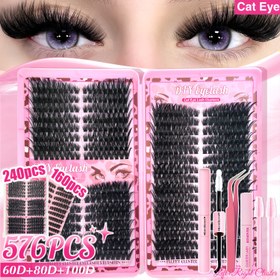 Resim 576/240/160 Adet Wispy Kirpik Kümeleri, Cat Eye Doğal DIY Kirpikler, D Kıvrım Hacimli Ekstra Kalın 60D80D100D Kirpik Uzatma Seti, Yapıştırıcı ve Çıkarıcı Cımbız Fırçası ile Evde & Festival & Seyahat İçin Tek Paket Çözüm 