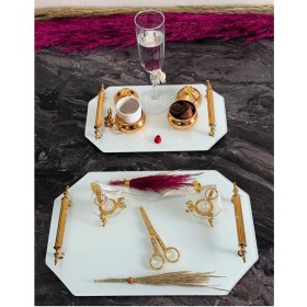 Resim Beyaz Altıgen Söz ve Nişan Tepsisi, Damat ve Kahve Seti 