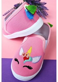 Resim Unicorn Nakışlı Çocuk Keten Babet Ayakkabı-pembe-f-492 Pembe 