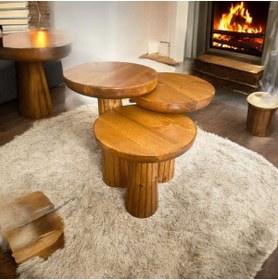 Resim Simillo Home&Living Wood Wooden Ahşap 3’lü Set Fitilli Mantar Yan Sehpa Modern Tik Ağacı Renk Fiskos 