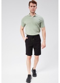 Resim Erkek Beli Lastikli Bağcıklı Keten Karışımlı Slim Fit Jogger Şort Siyah Siyah 