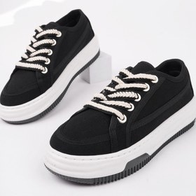 Resim Muggo Carina Kalın Taban Keten Kumaş Bağcıklı Kadın Günlük Sneaker Spor Ayakkabı 