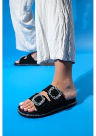 Resim Luvishoes Dungeon Siyah Örme Çift Bantlı Taş Tokalı Kadın Terlik Siyah 
