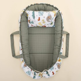 Resim Babynest ve Yastık - Çift Taraflı - Haki Muslin - Hayvanat Bahçesi 