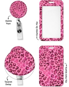 Resim StormiStoretr 3 lü Pembe Leopar Baskılı Dikey Kart Koruyucu Boyun Askı ipi Yoyo yaka kartı 