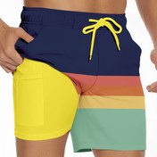 Resim Erkekler için Rahat Çift Katmanlı Plaj Şortları - Canlı Renk Blok Tasarımı, Bağcıklı Bel, Hafif Polyester, Yaz Tatilleri İçin Mükemmel, Yüzme Şortları 