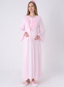 Resim Hamile Gecelik ve Sabahlık Takımı - Lohusa Gecelik Seti, İspanyol Kollu Yaka Dantelli Pamuk Viskon - 2324 - Pembe / M / Terlik ve Taç İstemiyorum 