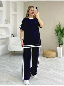 Resim Etiler Collection Kadın Kısa Kollu Bisiklet Yaka Çift Renk Şerit Detaylı Viskon Iki Iplik Bluz Ve Pantolon Ikili Takım Lacivert 