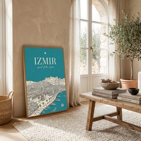 Resim İzmir Line Art Print - Teal Clock Tower Kadifekale Aegean Coast Wall Art - With Hanger - Wood / 8,3 x 11,7" (21x30) 