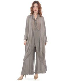 Resim Italyan Ipek Detaylı Oversize Kap Bluz- Wes Pantolon Takım Bej 