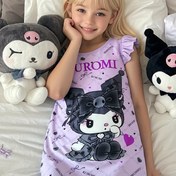Resim Ku'luo'mi Alev Giderici Kızlar için Kafa Baskılı Uyku Elbisesi - Mor ve Siyah, Kısa Kollu, Yuvarlak Yaka, Polyester, Yazlık Rahat Giyim, Gece Giyimi | Eğlenceli Baskılı Elbise | Esnek Kumaş 