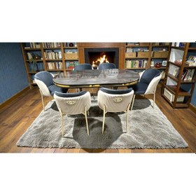 Resim Msy Home 6 Kişilik Aura Gold Serisi İroni Lake Oval Yemek Masası Ve Puffy Füme Sandalye Takımı Modern Krem-füme 