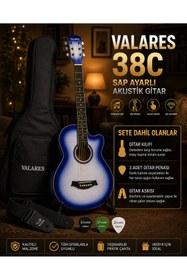 Resim valares 38CM Kesik Kasa Mavi Sunburst Akustik Gitar 38 İnç 4/4 Sap Ayarlı Cutaway + Çanta Askı Pena Hediyeli Üst Segment 
