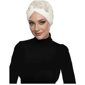 Resim Elysianfidan Kopma Astarlı İşlemeli Krem -pudra Dantel Motifli Hazır Türban Tesettür Abiye Bone Krem - Pudra 