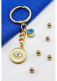 Resim Altın Kaplama Çerçeveli Nazar Boncuklu Nazar Gözlü Salkım Anahtar 