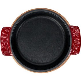 Resim Lava Döküm Yuvarlak Güveç Kabı Döküm Demir Yekpare Çift Kulplu Kayın Servis Ahşabı Çap Ø 11cm.-bordo Bordo 