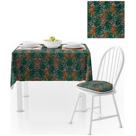 Resim Yeşil Yaprak Desenli Leopar Zemin Dijital Baskılı Petek Dokuma Masa Örtüsü 140x140 