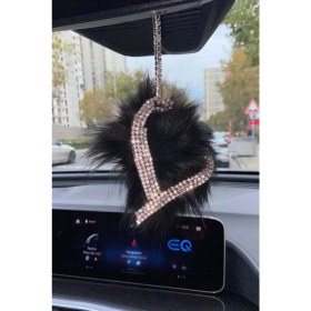 Resim Swarovski Gümüş Taşlı Dikiz Ayna Kolye Süsü Siyah Tüylü L Harfi 