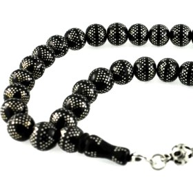 Resim AbbasShop Yoğun Gümüş Kakma Işlemeli Piramit Desen Gürcistan Oltu Tesbih 