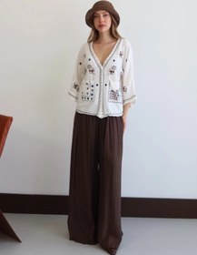 Resim Lusin Kadın Beyaz Etnik Nakış İşlemeli Cep Detaylı Düğmeli Yazlık Bohem Müslin Gömlek Kimono 