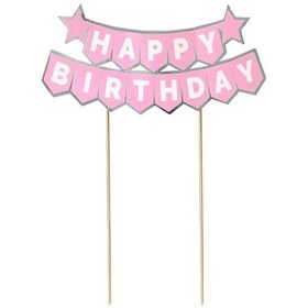 Resim Pasta Üstü Banner Happy Birthday Pembe Gümüş 