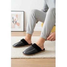 Resim Oksit Bets Pofuduk Suni Deri Erkek Ev Terliği İç Kürklü Ses Yapmaz Taban Konforlu Misafir Terliği 