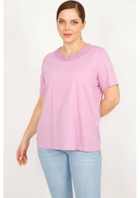 Resim Kadın Lila Büyük Beden Pamuklu Kumaş Dantel Detaylı Bluz-lila Lila 